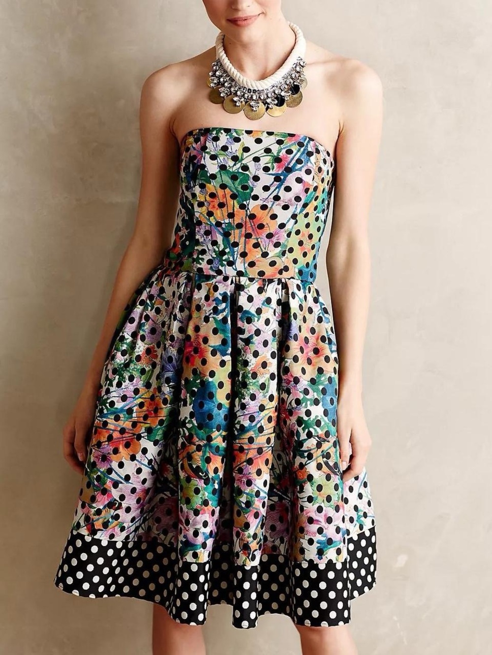 Corey Lynn Calter Multicolor Floral & Polka Dot Strapless Dress